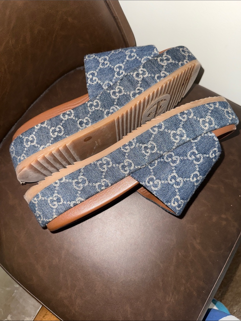 Gucci Denim Monogram Platform Slide Mules in Blue and Brown - flash sale - Picture 6 of 8